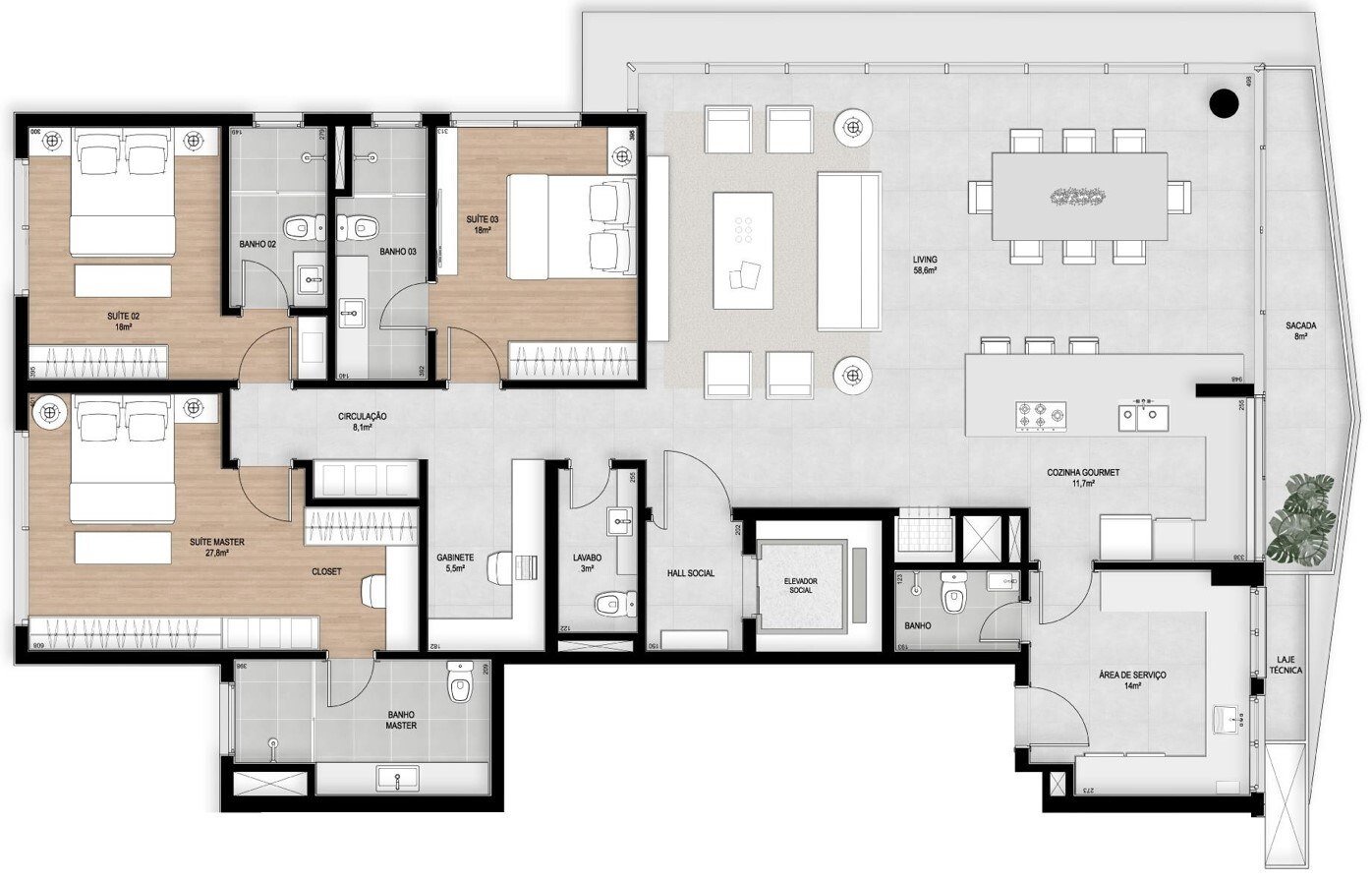 Planta 1 do apartamento tipo de 3 suítes com gabinete, Casa Cabral