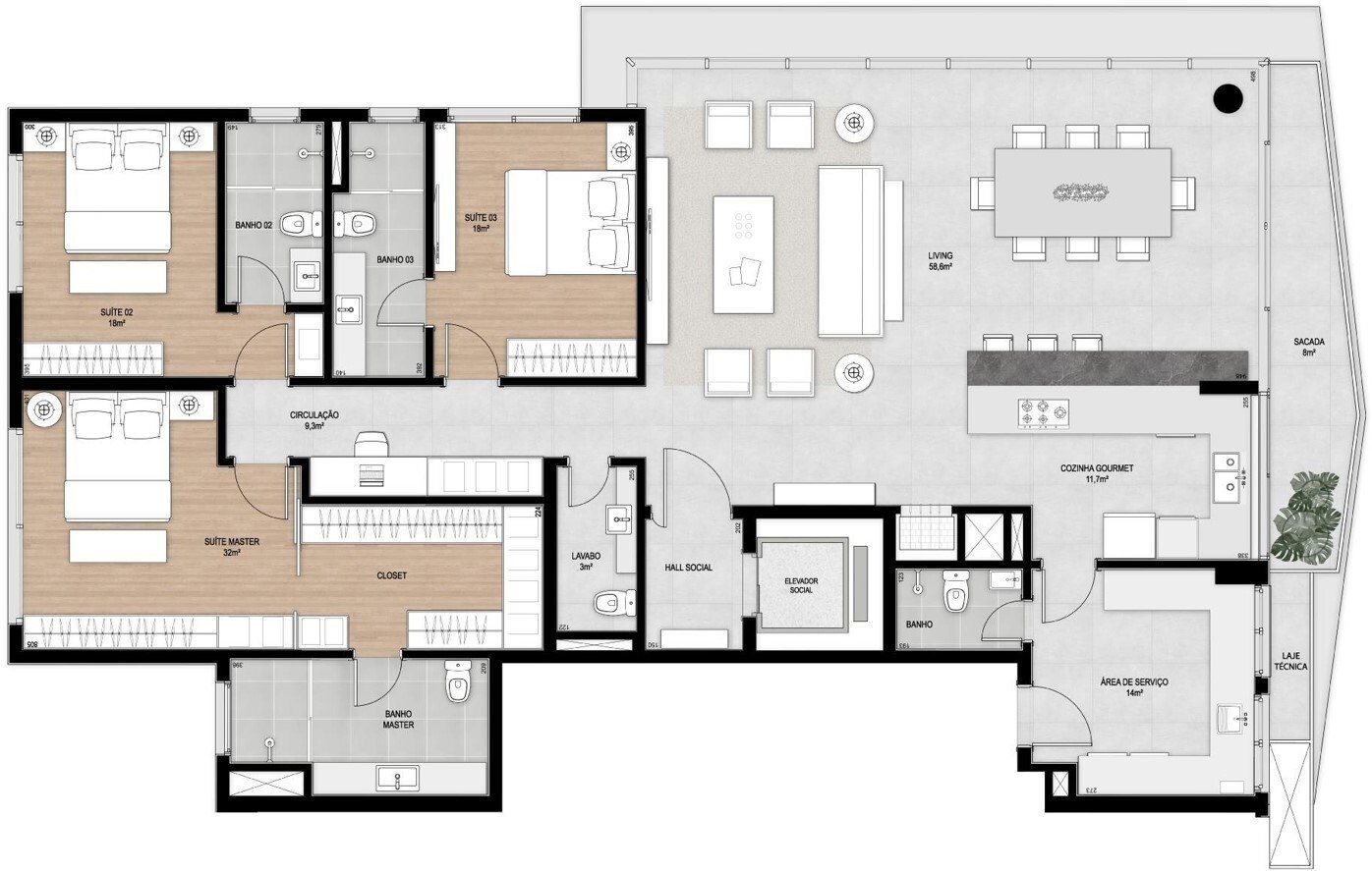 Planta 2 do apartamento tipo de 3 suítes com suíte master ampliada, Casa Cabral