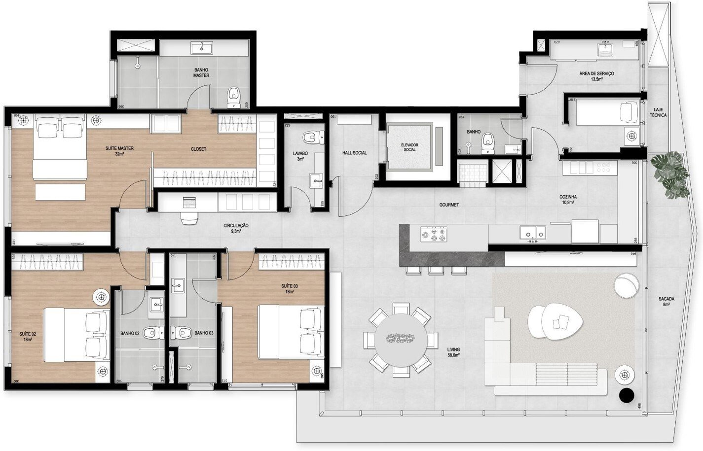 Planta 3 do apartamento tipo de 3 suítes espelhada, Casa Cabral