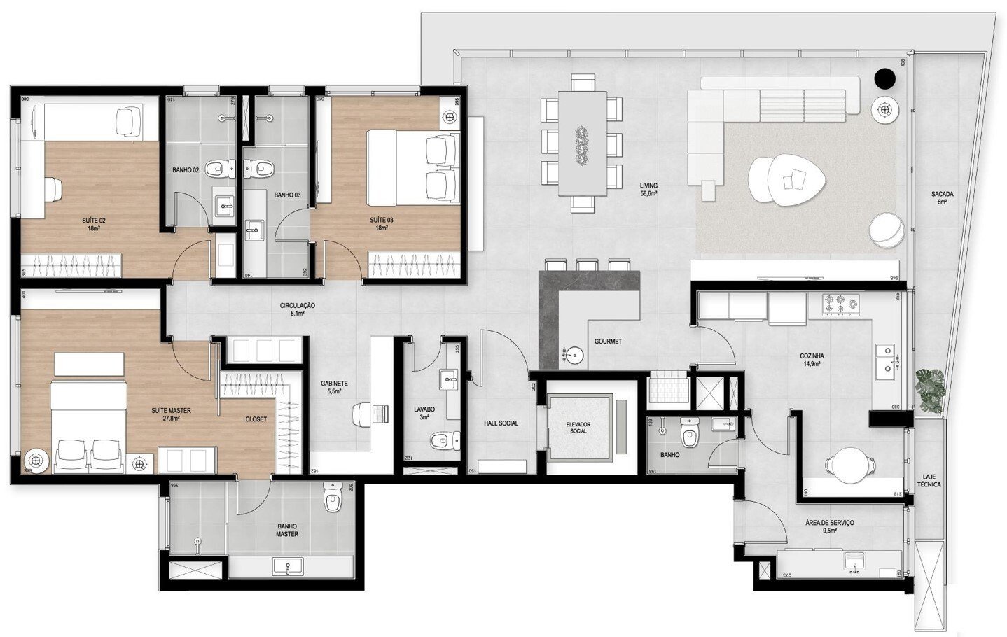 Planta 4 do apartamento tipo de 3 suítes com cozinha ampliada, Casa Cabral
